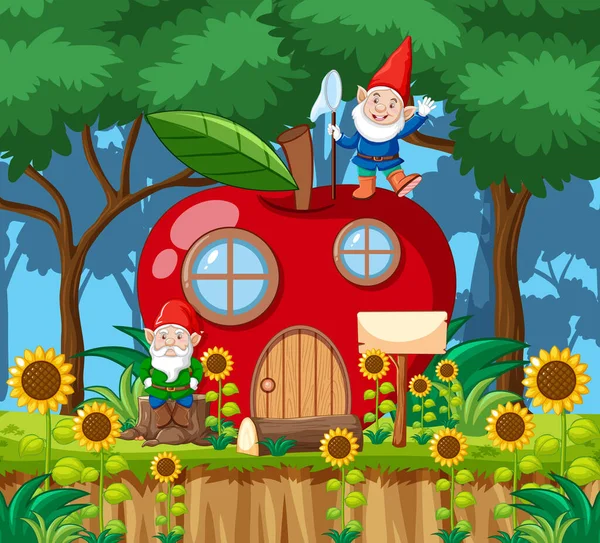 Gnomes Red Apple House Cartoon Style Forest Background Illustration — Stock Vector