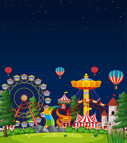 Amusement Park Scene Nachts Met Lege Donkerblauwe Lucht Illustratie — Stockvector