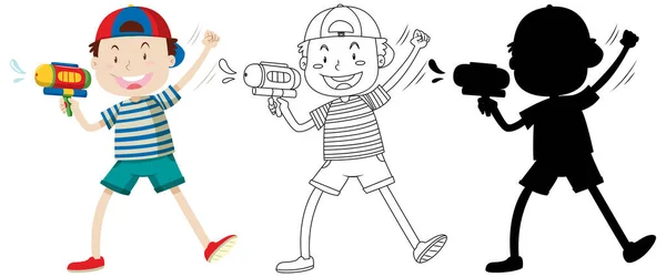 Pojke Med Vattning Pistol Färg Och Kontur Och Siluett Illustration — Stock vektor