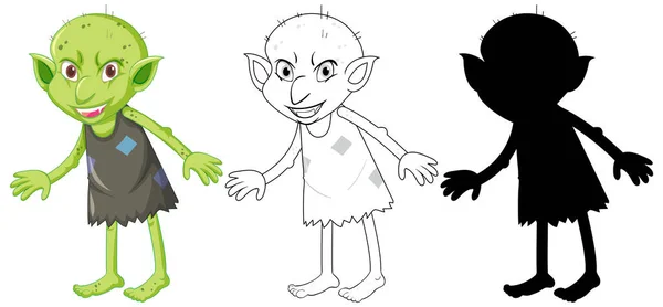 Goblin Τρολ Χρώμα Και Σιλουέτα Καρτούν Χαρακτήρα Λευκό Φόντο Εικονογράφηση — Διανυσματικό Αρχείο