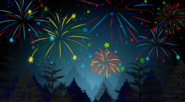 Bosque Con Celebración Fuegos Artificiales Escena Ilustración — Vector de stock