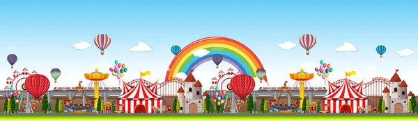 Amusement Park Panorama Scene Daytime Rainbow Sky Illustration — Stock Vector