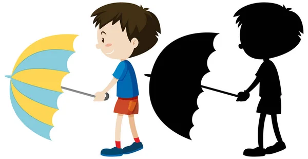 Pojke Som Håller Paraply Färg Och Siluett Illustration — Stock vektor