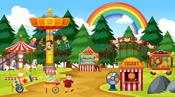 Amusement Park Scene Overdag Met Regenboog Lucht Illustratie — Stockvector