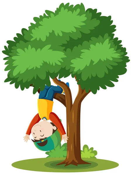 Junge Klettert Den Baum Cartoon Stil Isoliert Auf Weißem Hintergrund — Stockvektor