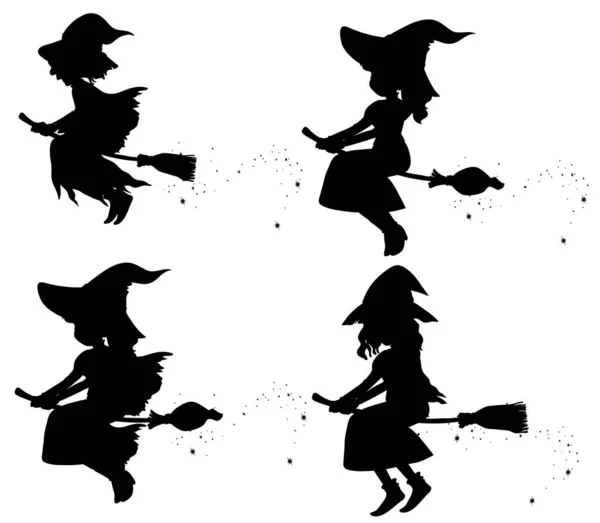 Heksen Silhouet Stripfiguur Geïsoleerd Witte Achtergrond Illustratie — Stockvector