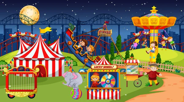 Amusement Park Scene Nachts Met Maan Aan Hemel Illustratie — Stockvector