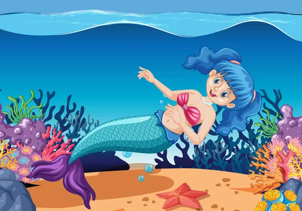 海底背景图上可爱的美人鱼卡通人物风格 — 图库矢量图片