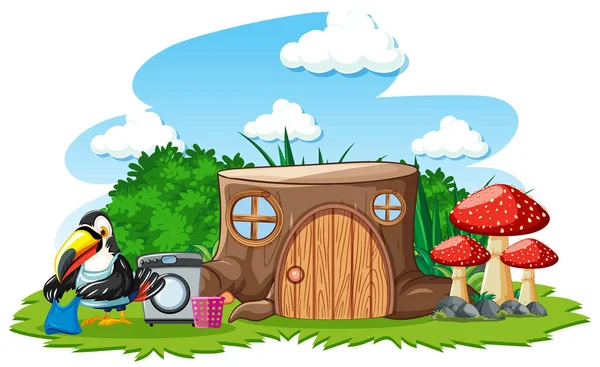 Stump Huis Met Schattige Vogel Cartoon Stijl Witte Achtergrond Illustratie — Stockvector