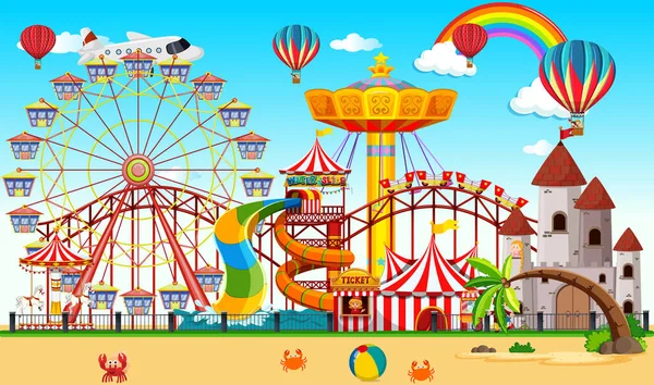 Escena Del Parque Atracciones Durante Día Con Arco Iris Cielo — Vector de stock