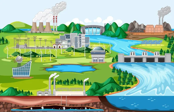漫画スタイルのイラストで川側の風景シーンと工業工場の建物 — ストックベクタ