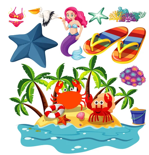 Conjunto Icono Playa Verano Estilo Dibujos Animados Sirena Sobre Fondo — Archivo Imágenes Vectoriales