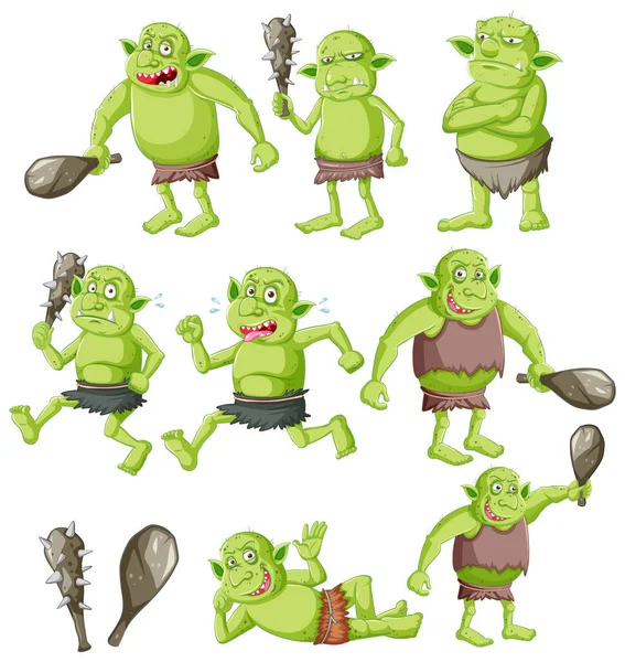 Conjunto Goblin Troll Com Ferramenta Caça Isolado Whie Fundo Ilustração —  Vetores de Stock