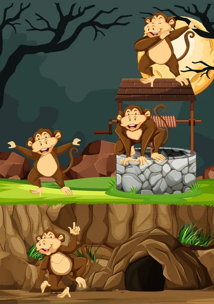 Vahşi Maymunlar Gece Arkaplan Çizimlerinde Hayvan Parkı Tarzında Birçok Poz — Stok Vektör