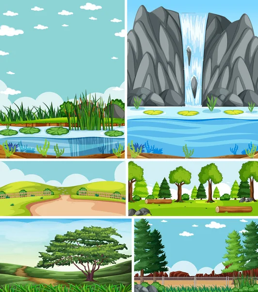 自然設定漫画スタイルのイラストで6つの異なるシーン — ストックベクタ
