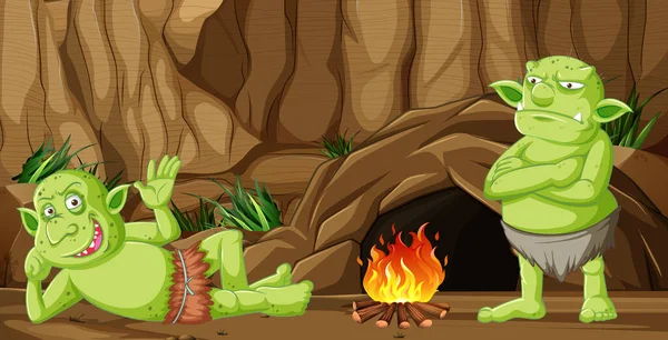 Manók Vagy Trollok Barlangház Tábortűz Rajzfilm Stílusú Illusztráció — Stock Vector