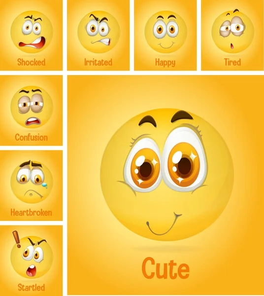 Ensemble Différents Visages Emoji Avec Description Sur Fond Jaune Illustration — Image vectorielle