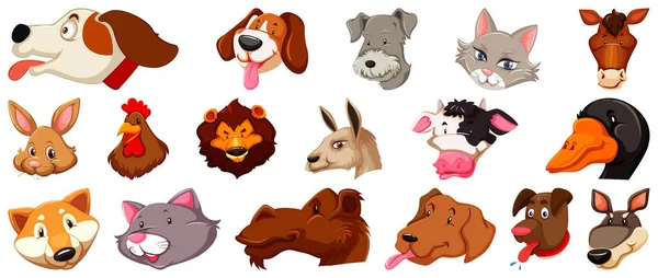 Conjunto Diferentes Animales Dibujos Animados Lindo Cabeza Enorme Aislado Ilustración — Vector de stock