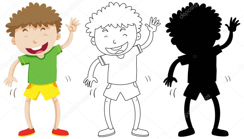 Funny boy dancing in colour and silhouette and outline illustration