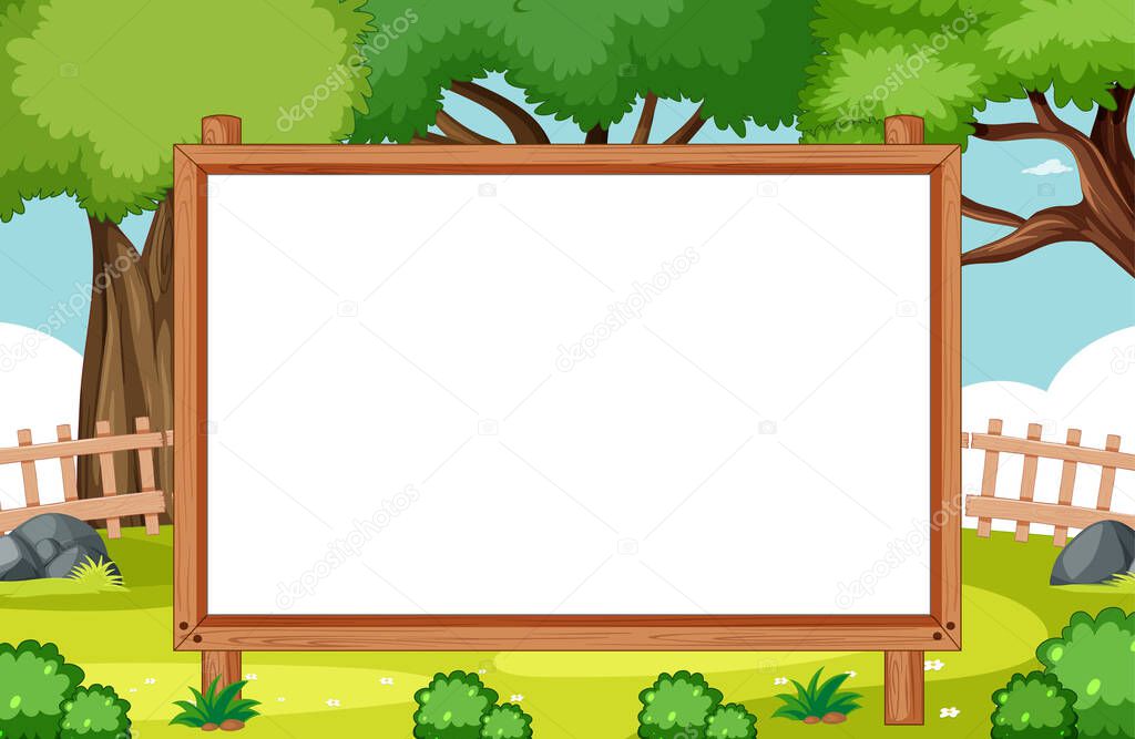 Blank wooden frame in nature park scene illustration