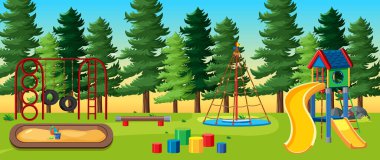 Parktaki çocuk parkında gündüz çizgi filmlerindeki çam ağaçlarıyla illüstrasyon.