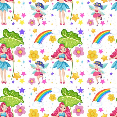 Beyaz arkaplanda gökkuşağı ve çiçek desenli kusursuz peri masalları.