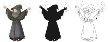 Beyaz arkaplan illüstrasyonunda izole edilmiş renkli, ana hatlı ve siluet çizgi film karakterli yaşlı bir sihirbaz