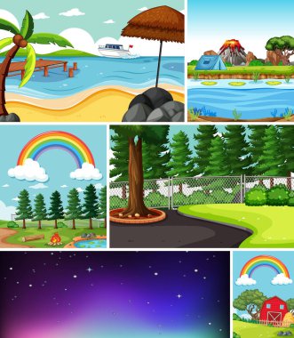 Doğada altı farklı sahne çizgi film stili çizimi