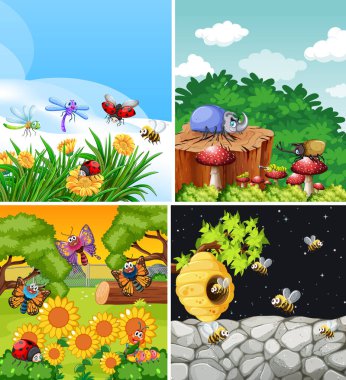 Bahçe arka planında yaşayan bir grup farklı böcek.