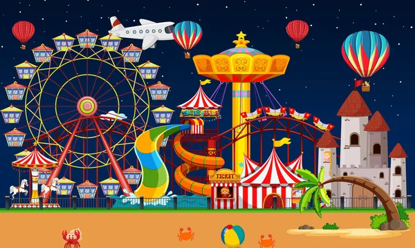 Zábavní Park Scéna Noci Balónky Letadlo Obloze Ilustrace — Stockový vektor
