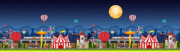 Amusement Park Scene Nachts Met Ballonnen Maan Panorama Illustratie — Stockvector