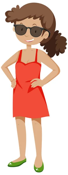 Confident Girl Red Dress Wearing Sunglasses Standing Pose Cartoon Isolated — Stock Vector