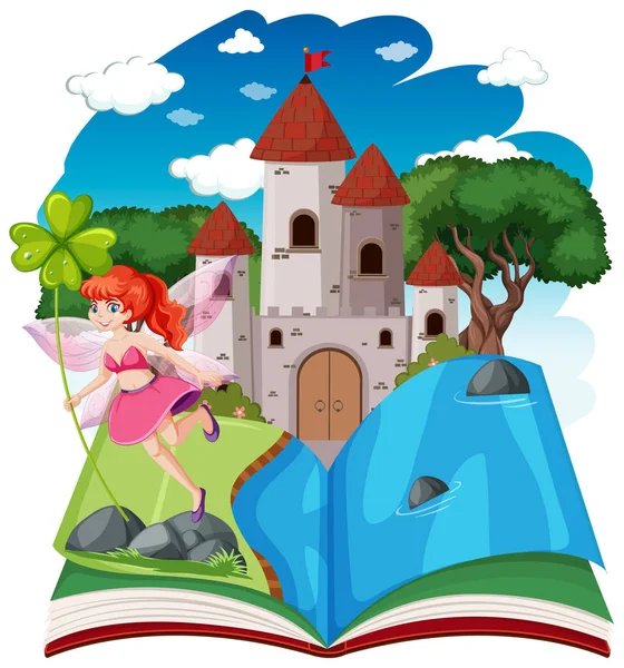 Fiabe Torre Del Castello Pop Libro Stile Cartone Animato Sfondo — Vettoriale Stock