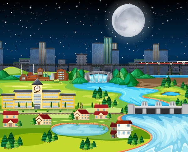 Theme Night City Park Hometown Moon Landscape Scene Illustration — Stock Vector