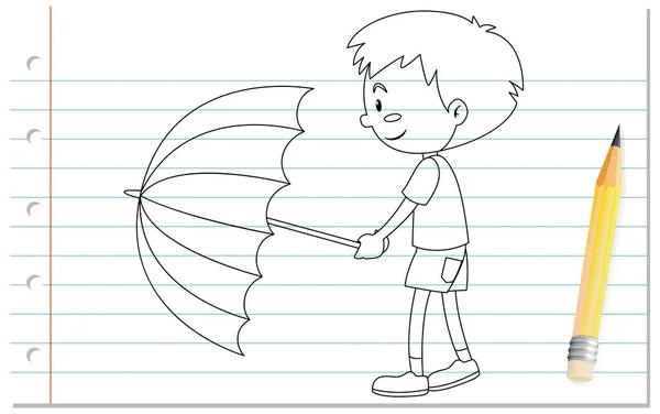 Ручне Написання Хлопчика Тримає Ілюстрацію Контуру Парасольки — стоковий вектор