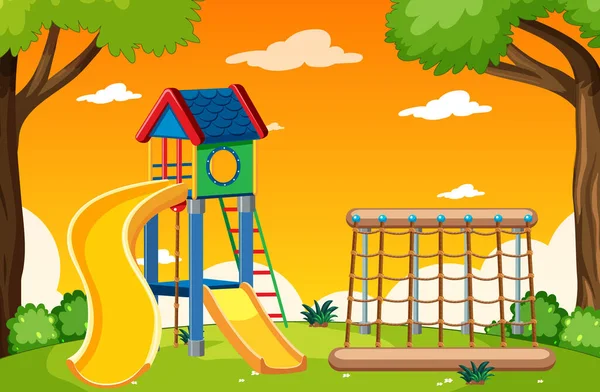Kinderspielplatz Park Mit Rotem Und Gelbem Himmel Cartoon Stil — Stockvektor