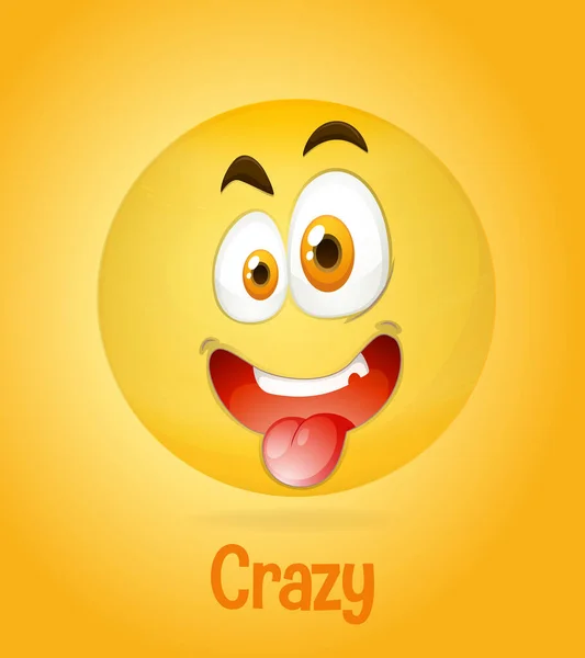 Crazy Gezichten Emoji Met Zijn Beschrijving Gele Achtergrond Illustratie — Stockvector