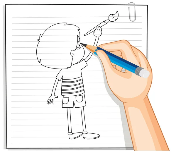 Hand Writing Boy Painting Outline Illustration — Stock Vector