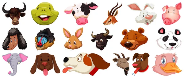 Conjunto Diferentes Animales Dibujos Animados Lindo Cabeza Enorme Aislado Ilustración — Vector de stock