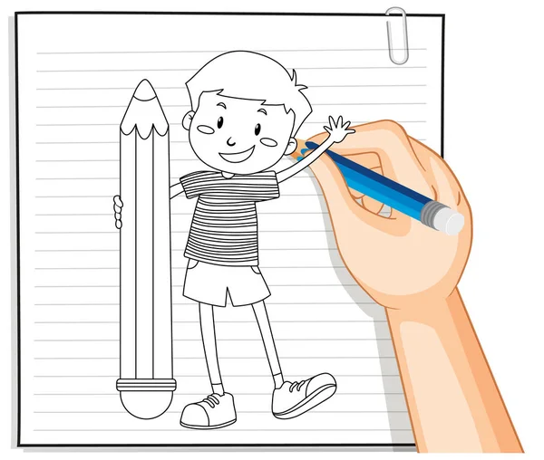 Hand Writing Boy Holding Pencil Outline Illustration — Stock Vector