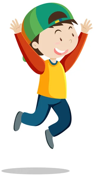 Happy Boy Wearing Cap Jumping Posing Cartoon Style Isolated Illustration — Stock Vector