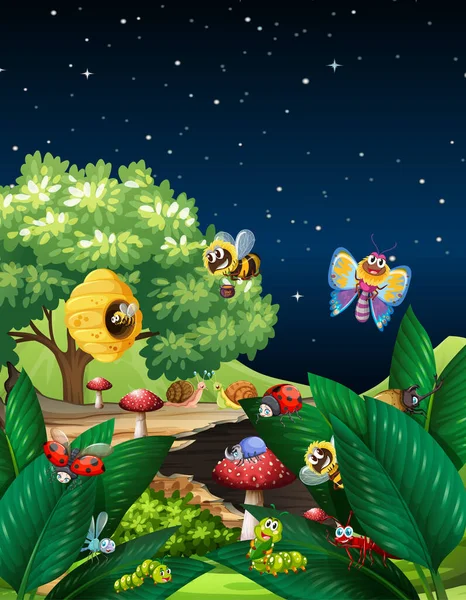 Diferentes Insectos Que Viven Escena Del Jardín Por Noche Ilustración — Vector de stock