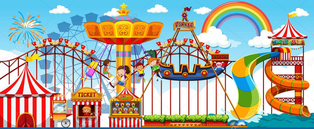 Amusement park scene at daytime with rainbow in the sky illustration