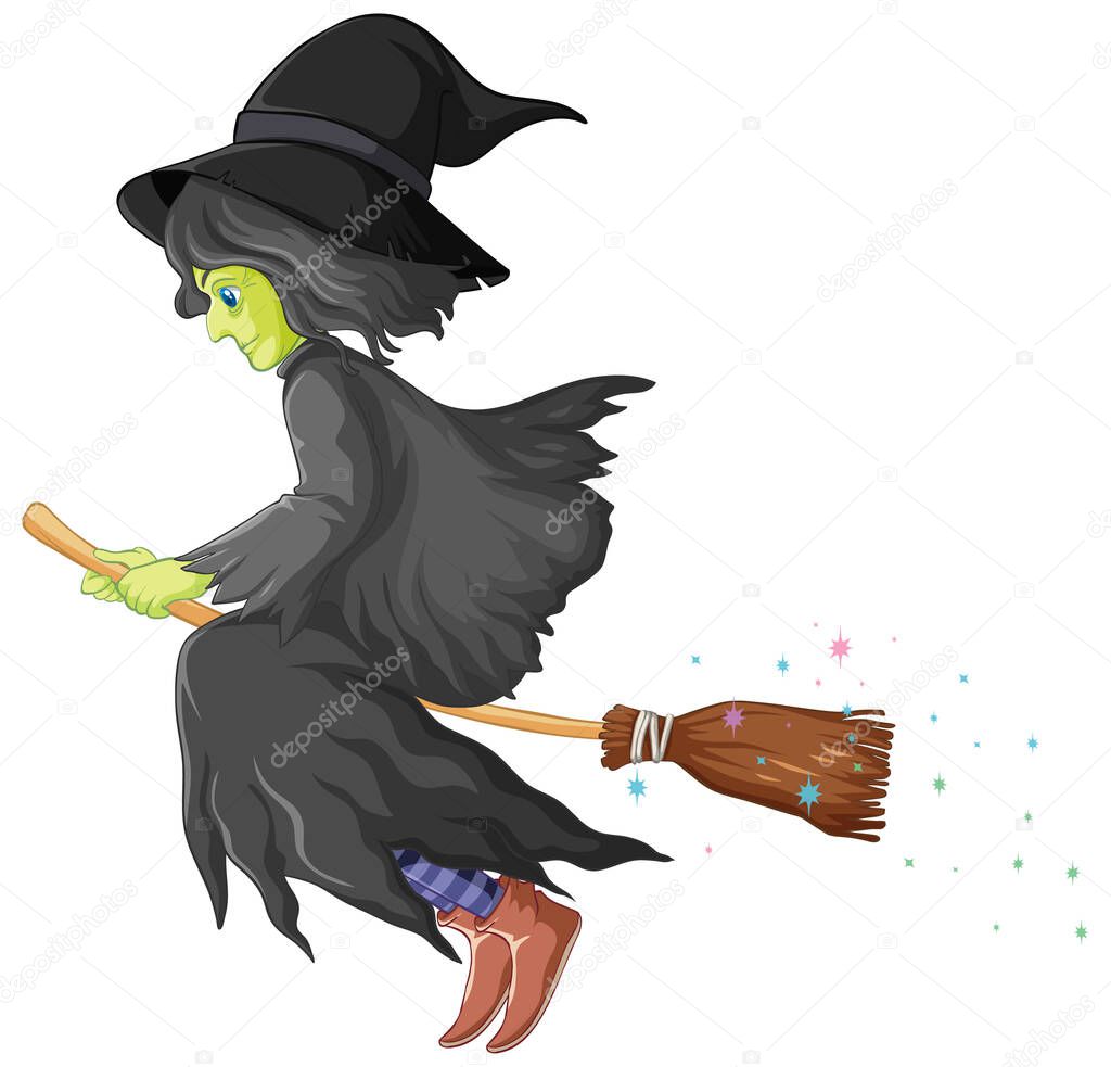 Witch rides broomstick isolated on white background illustration