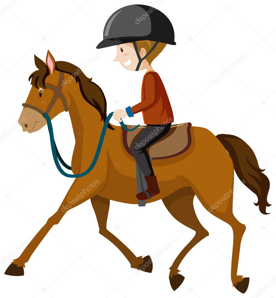 Young man wearing helmet or rider riding a horse cartoon isolated illustration
