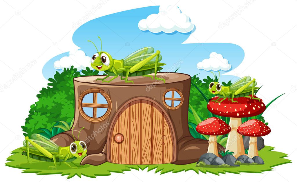 Stump house with grasshoper cartoon style on white background illustration