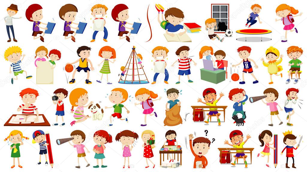 Set of cute kids cartoon character illustration