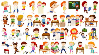 Bir grup sevimli çocuk çizgi film karakteri çizimi