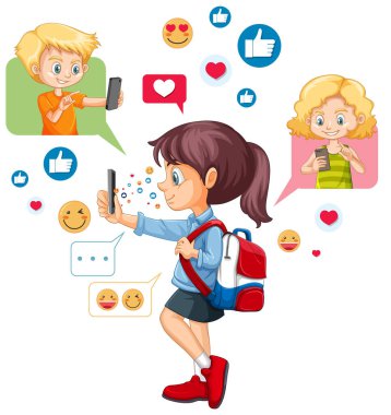 Sosyal medya simgesi temalı akıllı telefon kullanan kız beyaz arkaplan illüstrasyonunda izole edildi