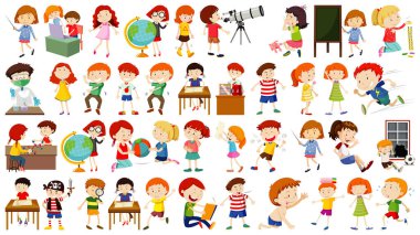 Bir grup sevimli çocuk çizgi film karakteri çizimi